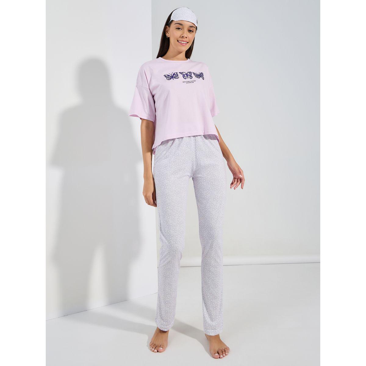 Styli Unwind Butterfly Graphic Drop Shoulder T-Shirt & AOP Pyjama Set-women-clothing-nightwear-pyjamas-longsets-image-2