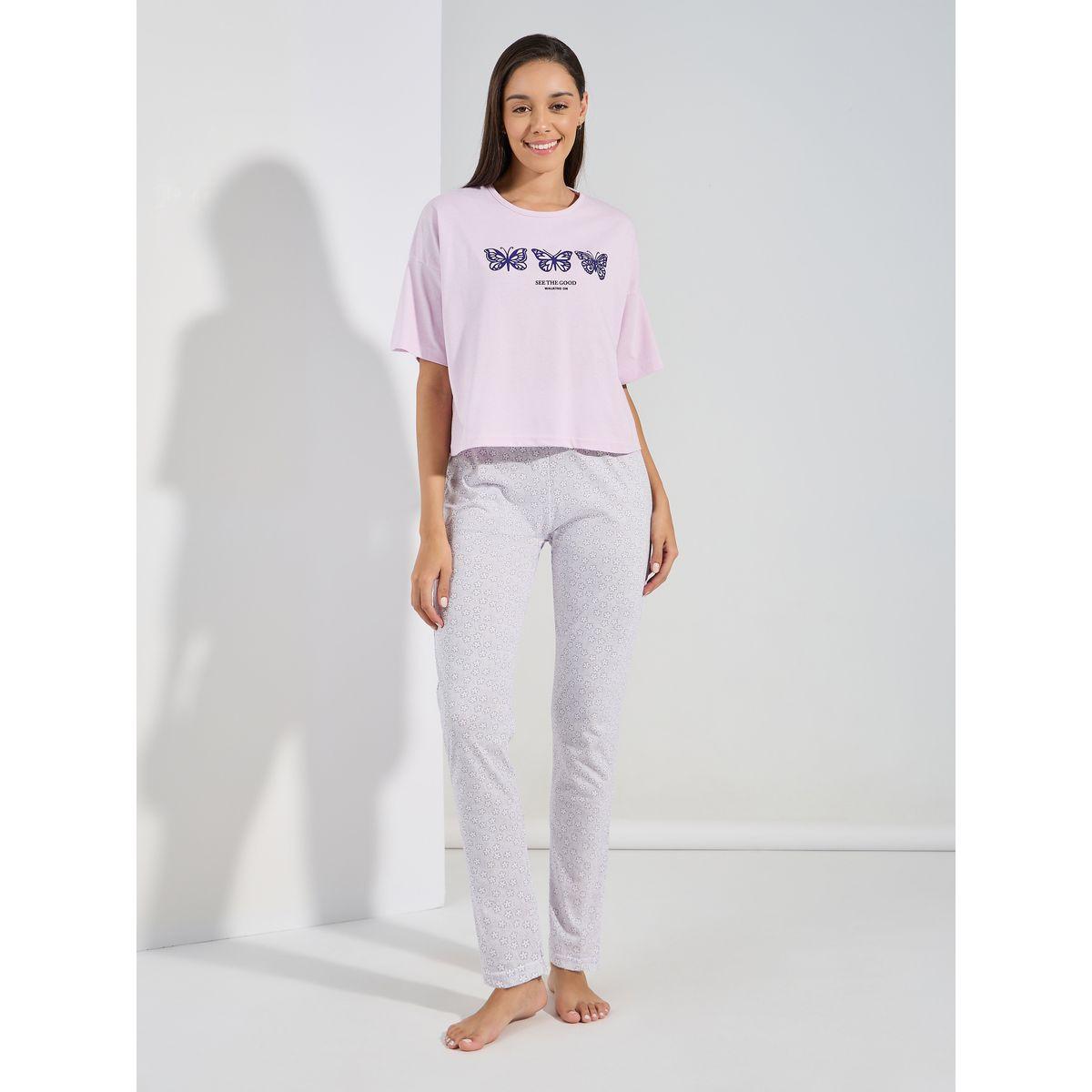Styli Unwind Butterfly Graphic Drop Shoulder T-Shirt & AOP Pyjama Set-women-clothing-nightwear-pyjamas-longsets-image-3