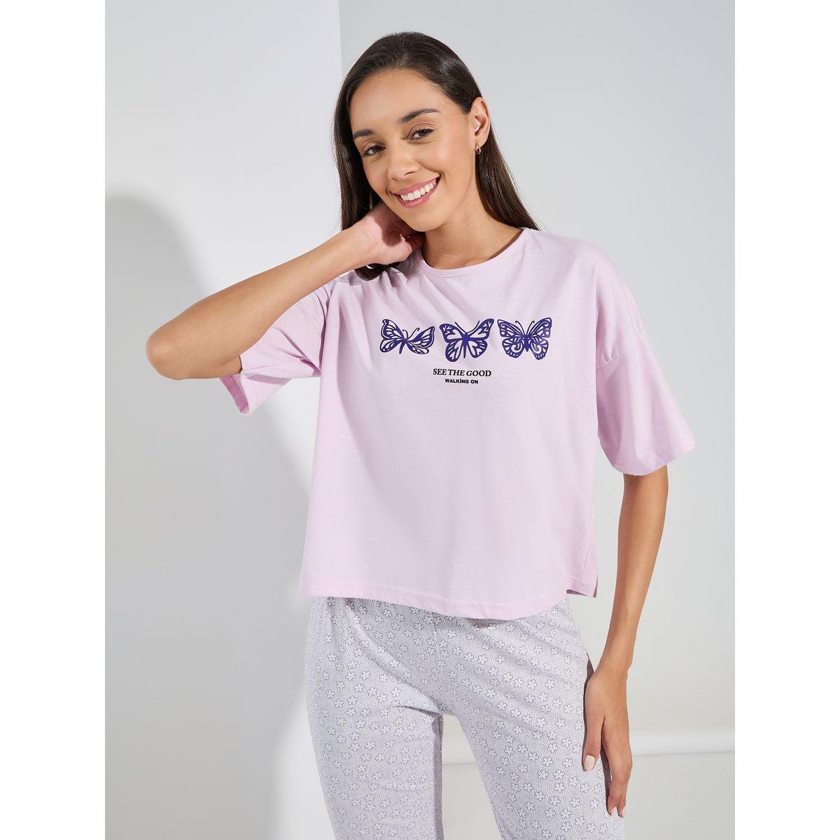 Styli Unwind Butterfly Graphic Drop Shoulder T-Shirt & AOP Pyjama Set-women-clothing-nightwear-pyjamas-longsets-image-4