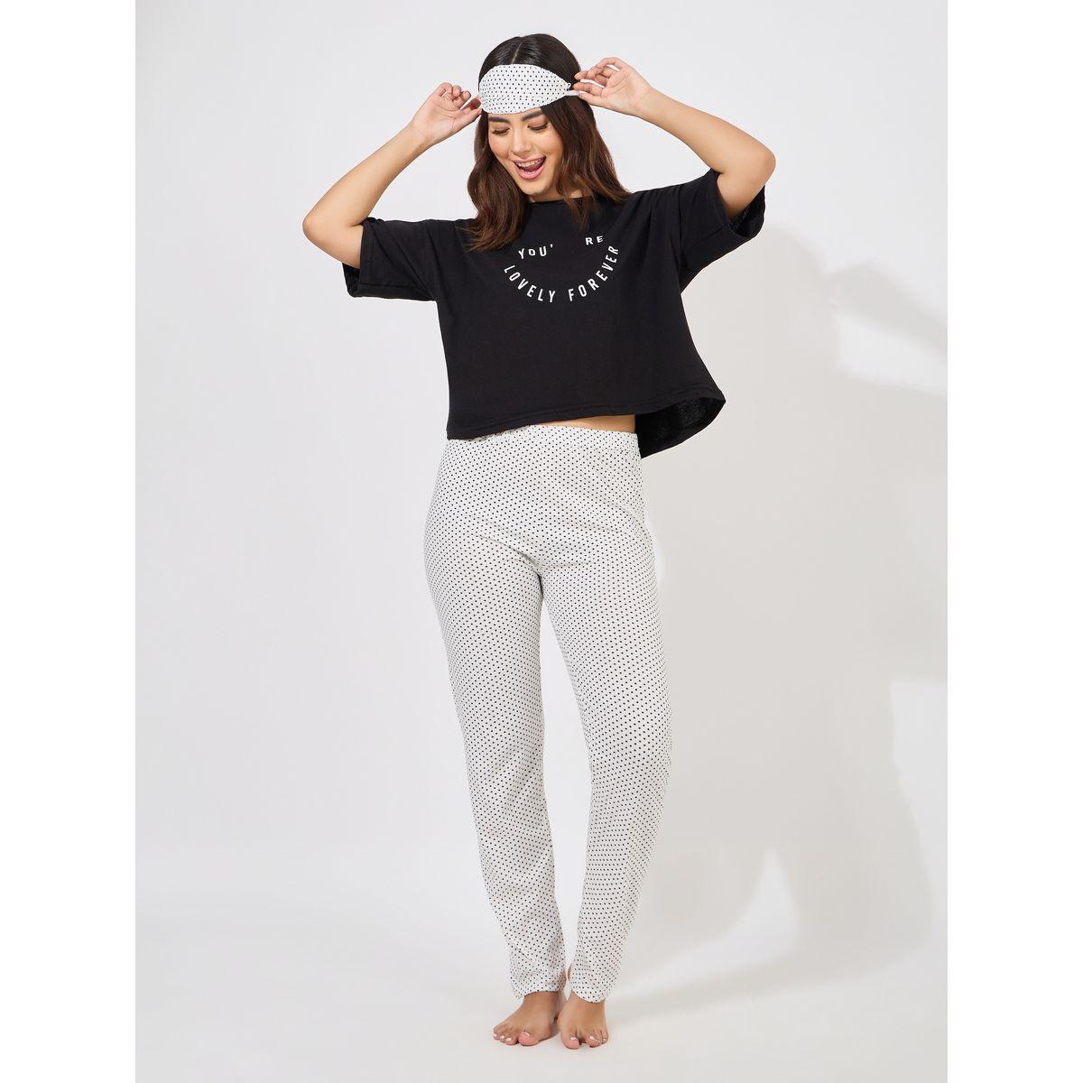 Styli Unwind Slogan Drop Shoulder T-Shirt & Spot AOP Pyjama, Eye Mask Set-women-clothing-nightwear-pyjamas-longsets-image-1