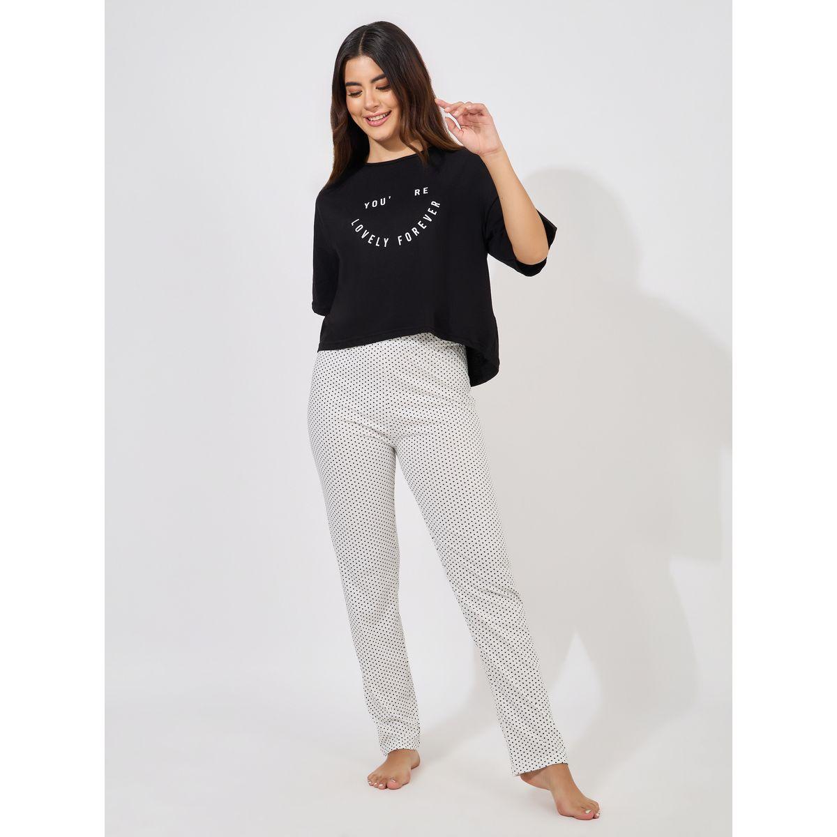 Styli Unwind Slogan Drop Shoulder T-Shirt & Spot AOP Pyjama, Eye Mask Set-women-clothing-nightwear-pyjamas-longsets-image-2