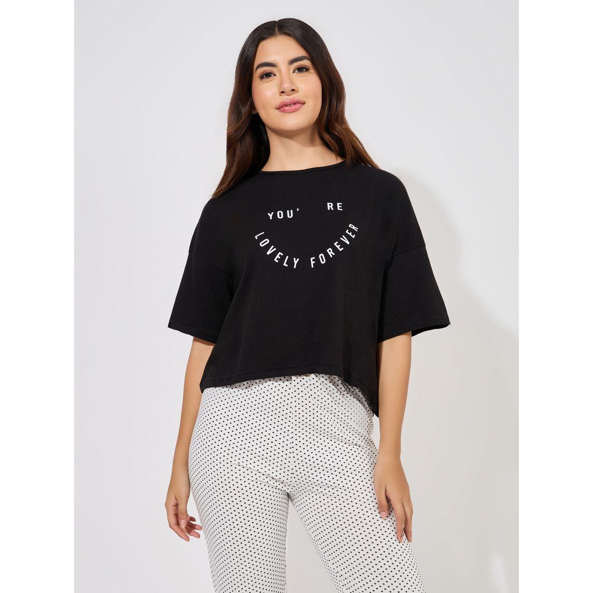 Styli Unwind Slogan Drop Shoulder T-Shirt & Spot AOP Pyjama, Eye Mask Set-women-clothing-nightwear-pyjamas-longsets-image-3