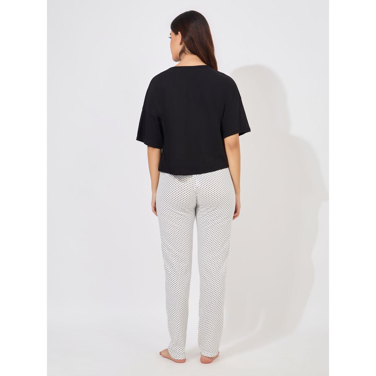 Styli Unwind Slogan Drop Shoulder T-Shirt & Spot AOP Pyjama, Eye Mask Set-women-clothing-nightwear-pyjamas-longsets-image-5