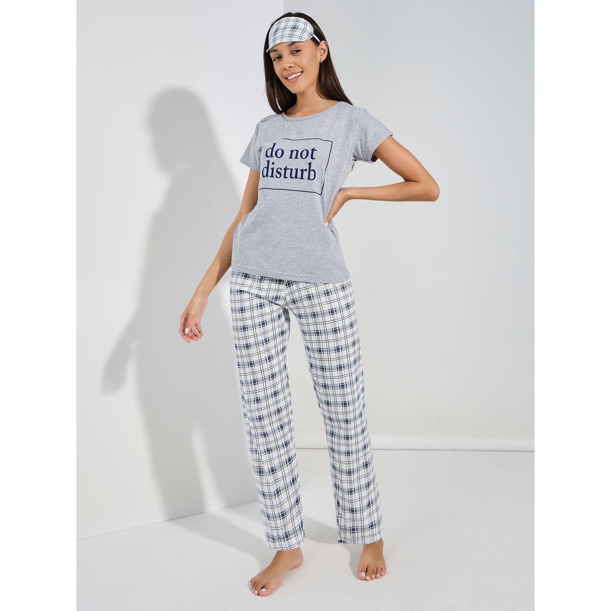 Styli Unwind Do Not Disturb Slogan T-Shirt & Checked Pyjama Set-women-clothing-nightwear-pyjamas-longsets-image-1