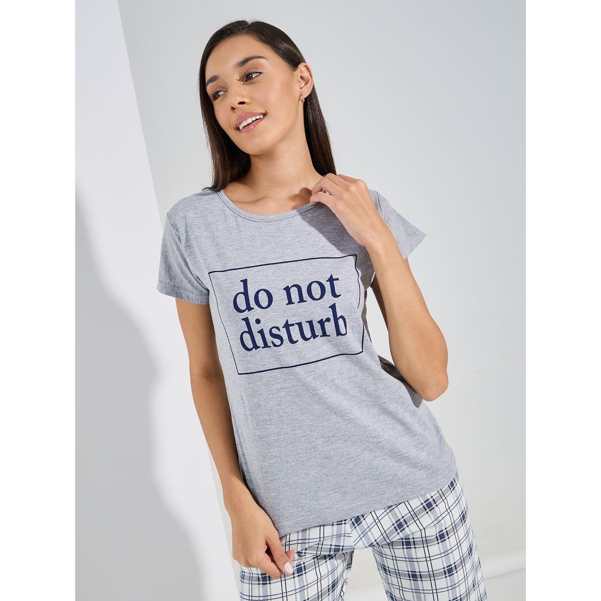 Styli Unwind Do Not Disturb Slogan T-Shirt & Checked Pyjama Set-women-clothing-nightwear-pyjamas-longsets-image-3