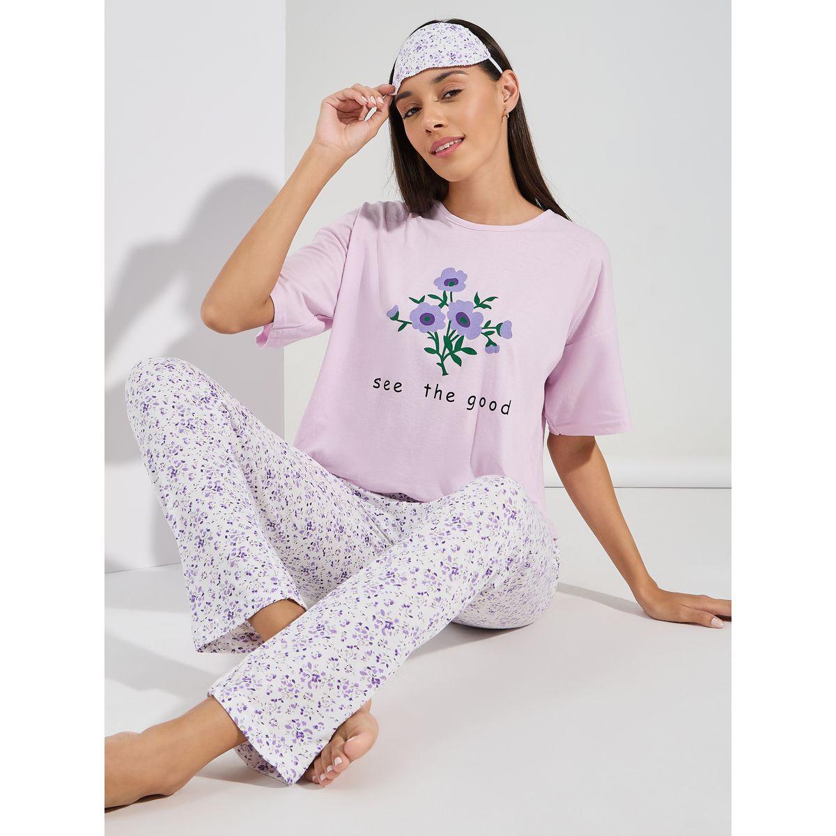 Styli Unwind Floral Graphic Drop Shoulder T-Shirt  & AOP Pyjama Set-women-clothing-nightwear-pyjamas-longsets-image-1