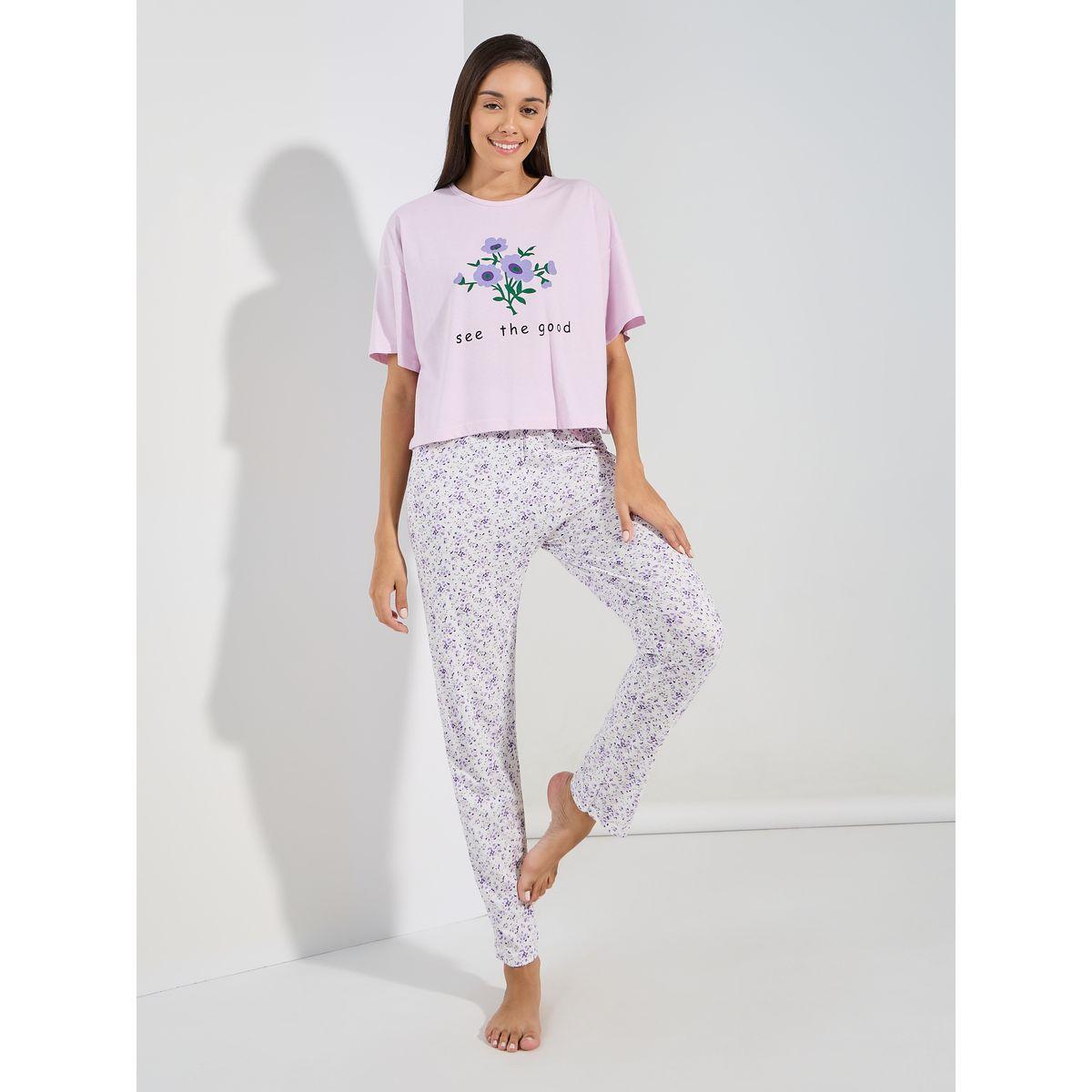 Styli Unwind Floral Graphic Drop Shoulder T-Shirt  & AOP Pyjama Set-women-clothing-nightwear-pyjamas-longsets-image-3