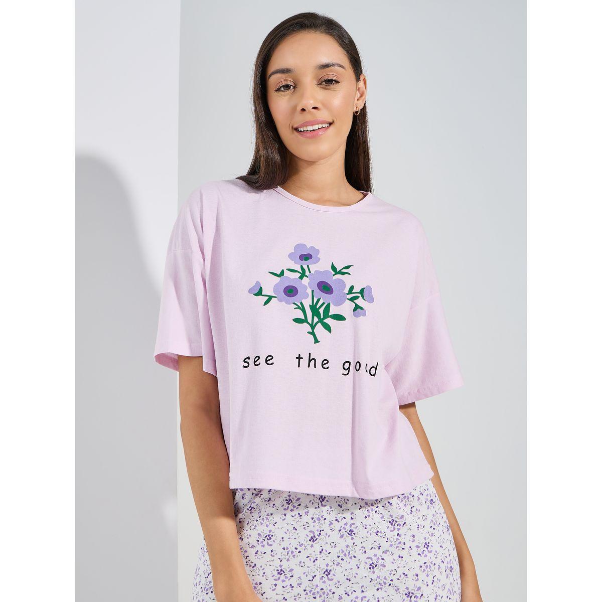 Styli Unwind Floral Graphic Drop Shoulder T-Shirt  & AOP Pyjama Set-women-clothing-nightwear-pyjamas-longsets-image-4