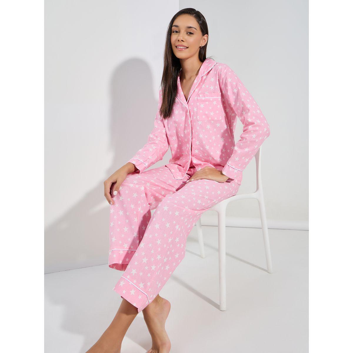 Styli Unwind Cotton Linen Star AOP Shirt & Pyjama Set-women-clothing-nightwear-pyjamas-longsets-image-1