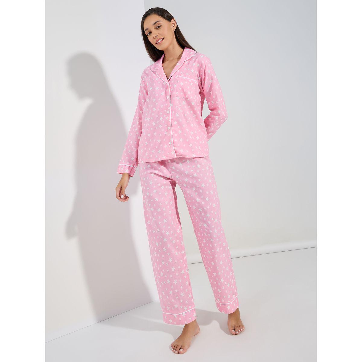 Styli Unwind Cotton Linen Star AOP Shirt & Pyjama Set-women-clothing-nightwear-pyjamas-longsets-image-2