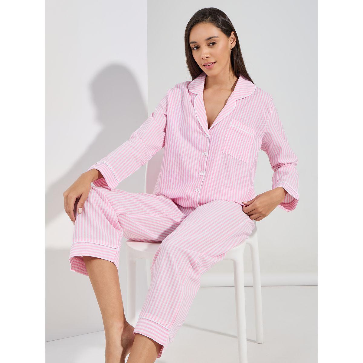 Styli Unwind Cotton Linen Striped Shirt & Pyjama Set-women-clothing-nightwear-pyjamas-longsets-image-1