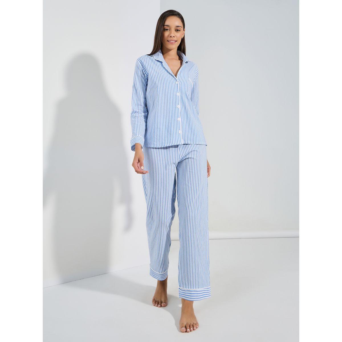 طقم من بنطال بيجاما مع بلوزة مخططة-women-clothing-nightwear-pyjamas-longsets-image-1