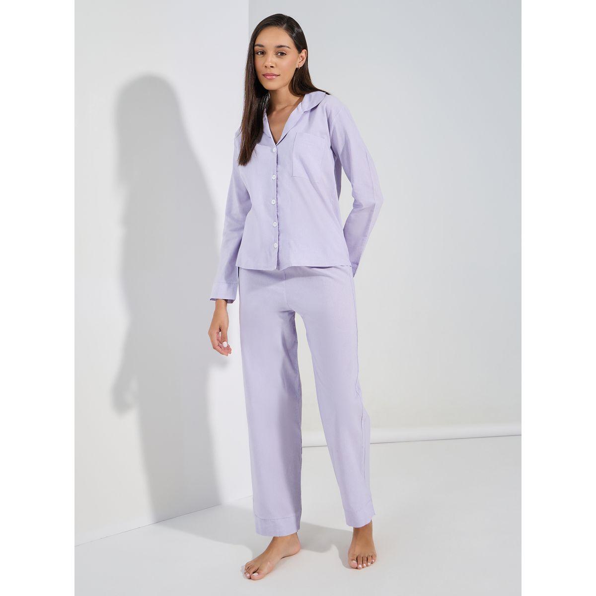 Styli Unwind Cotton Linen Solid Long Sleeves Shirt & Pyjama Set-women-clothing-nightwear-pyjamas-longsets-image-1