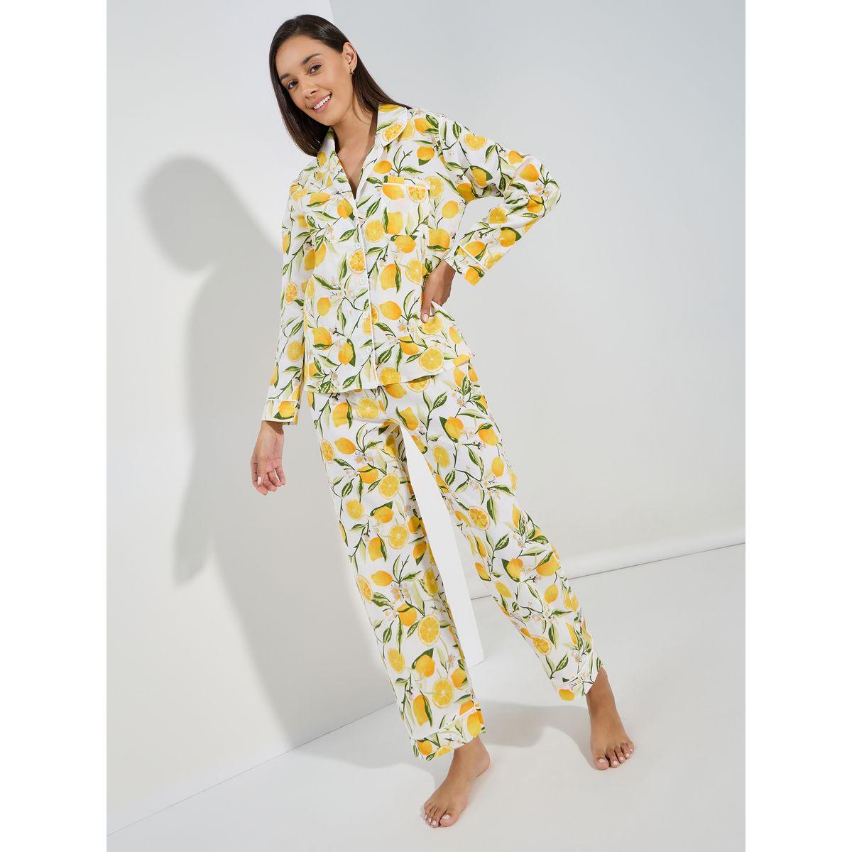 Styli Unwind Cotton Linen Lemon Print Shirt & Pyjama Set-women-clothing-nightwear-pyjamas-longsets-image-1