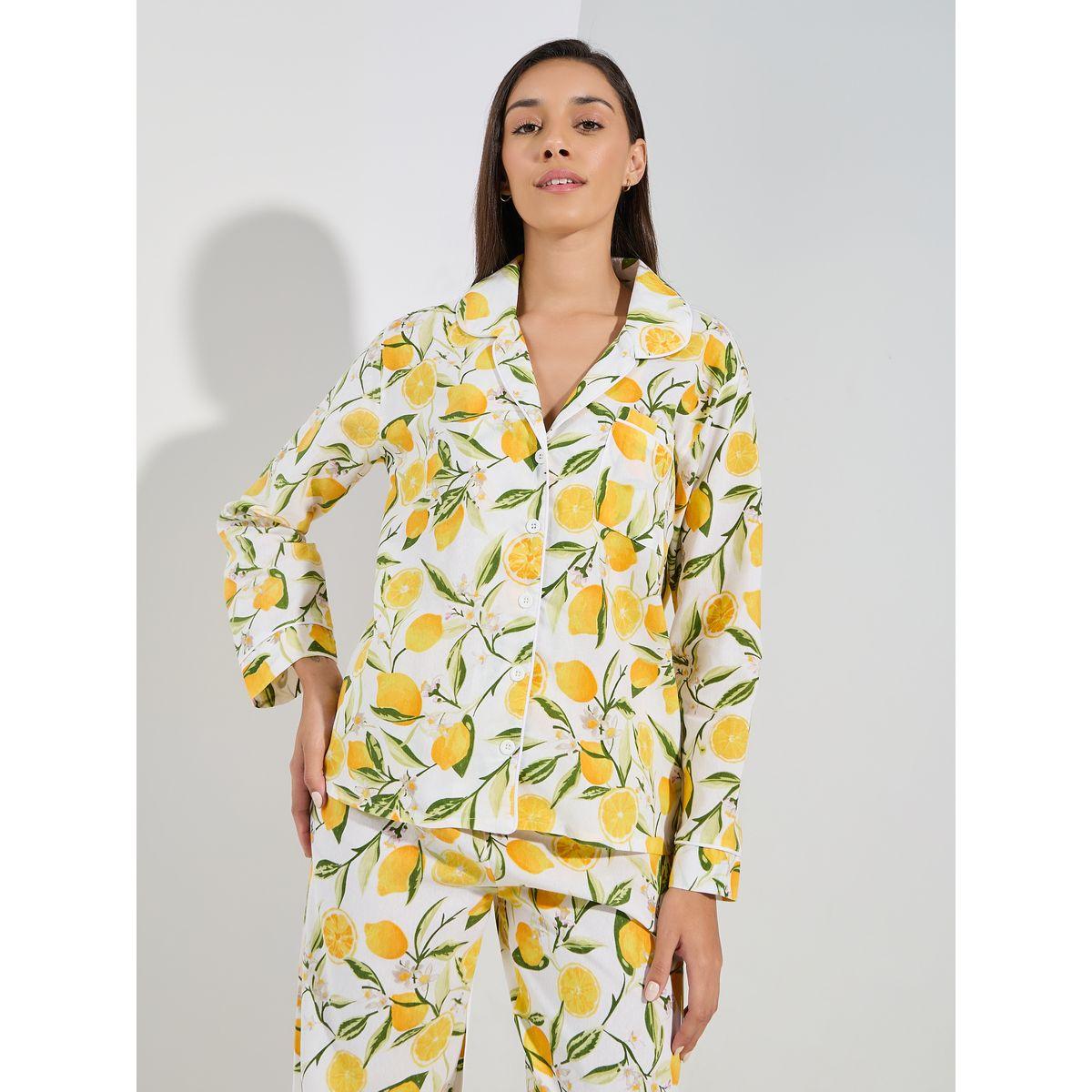 Styli Unwind Cotton Linen Lemon Print Shirt & Pyjama Set-women-clothing-nightwear-pyjamas-longsets-image-2