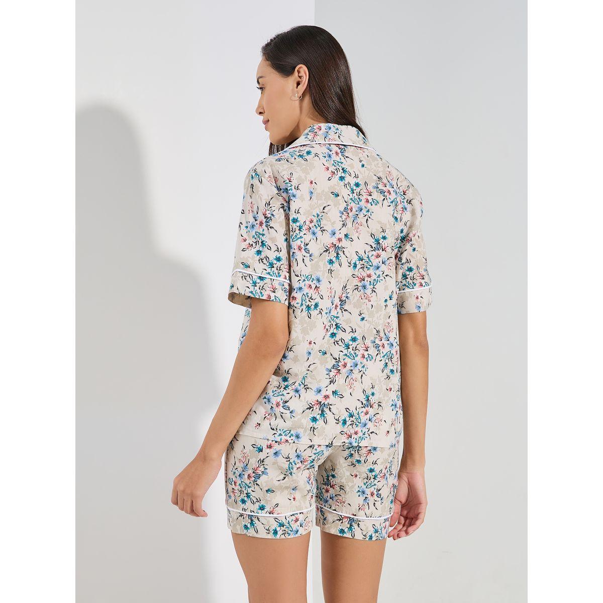 Styli Unwind Cotton Linen Floral AOP Buttoned Shirt & Shorts Set-women-clothing-nightwear-pyjamas-shortsets-image-5