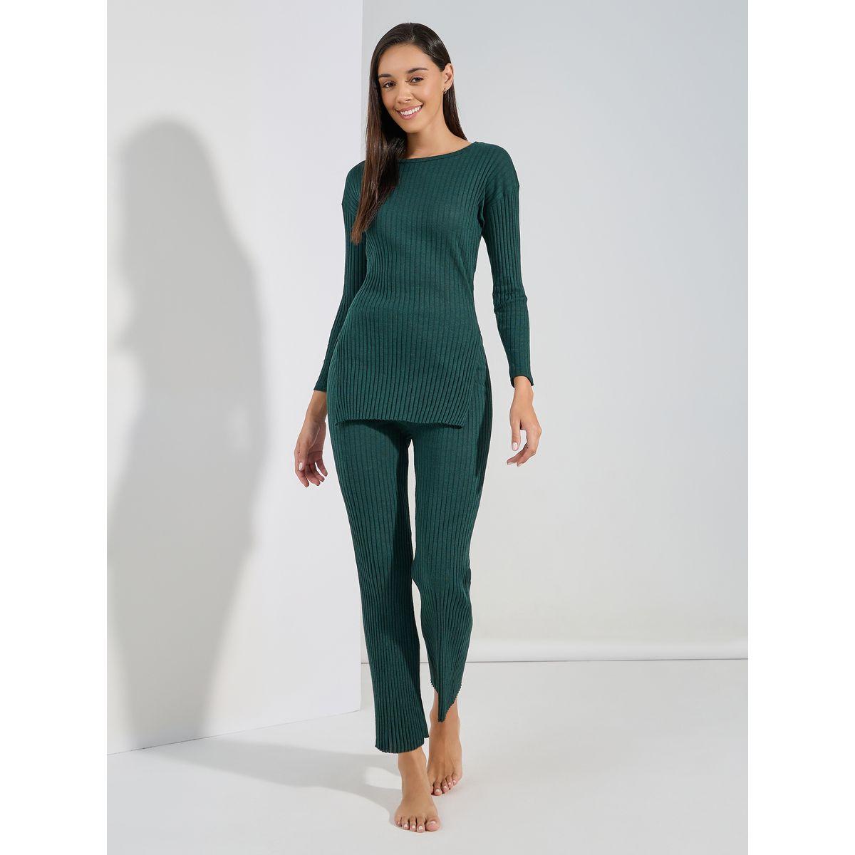 Styli Unwind Rib Side Slit Detail Longline Top & Trousers Lounge Set-women-clothing-coordsets-image-1