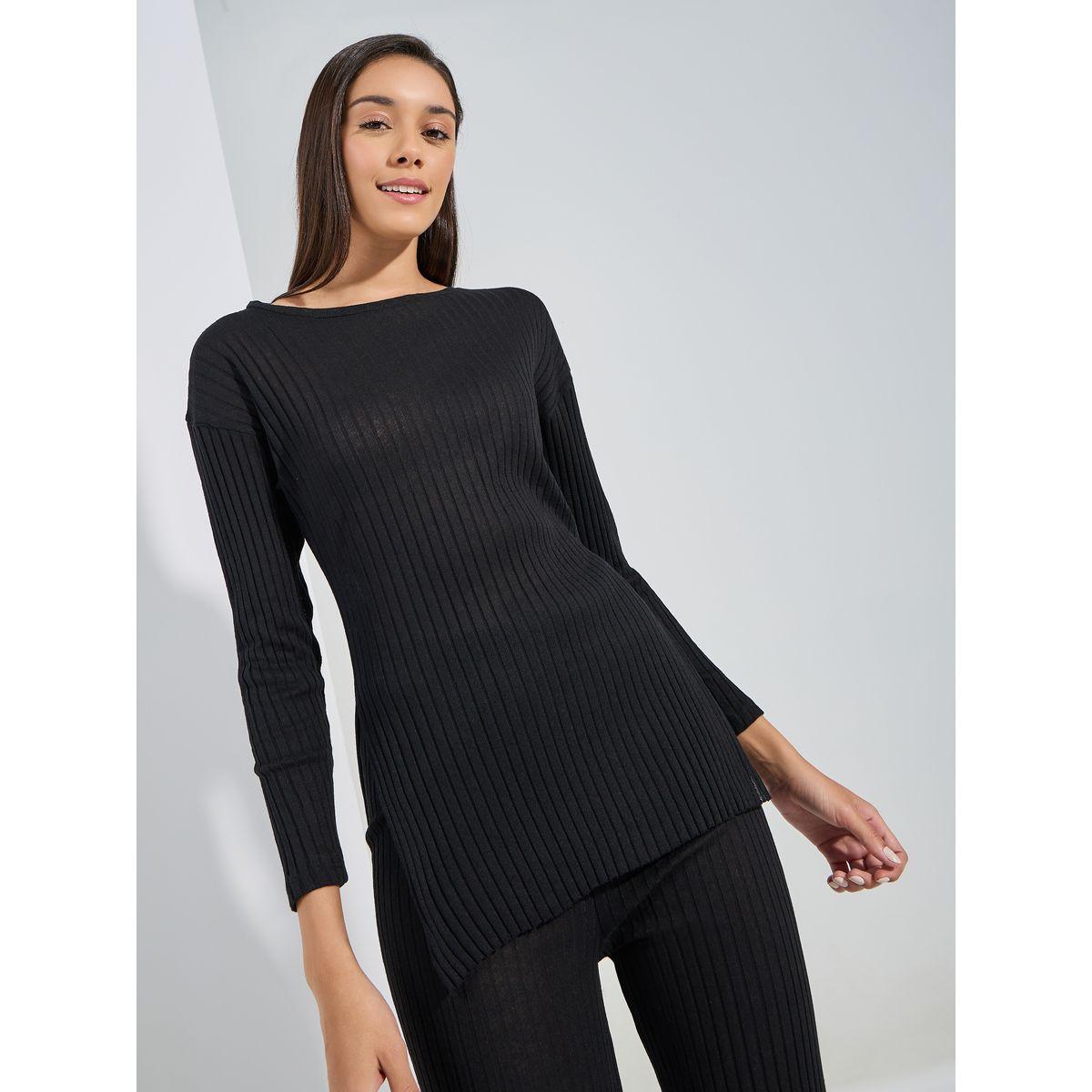مجموعة من بنطال مع بلوزة مضلعة بشق جانبي-women-clothing-coordsets-image-2