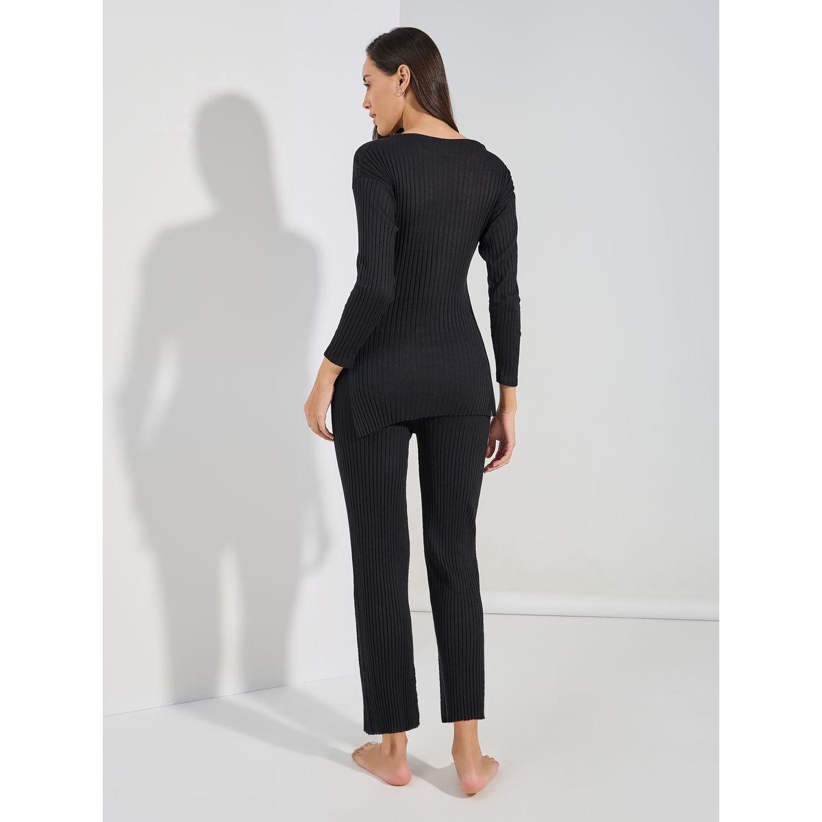 Styli Unwind Rib Side Slit Detail Longline Top & Trousers Lounge Set-women-clothing-coordsets-image-4