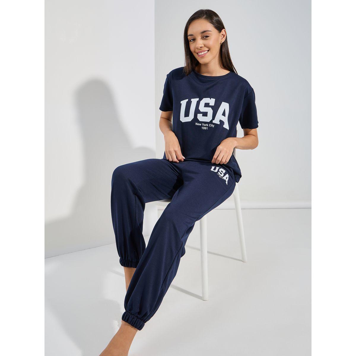 Styli Unwind USA Graphic Short Sleeves Top & Joggers Lounge Set-women-clothing-coordsets-image-1