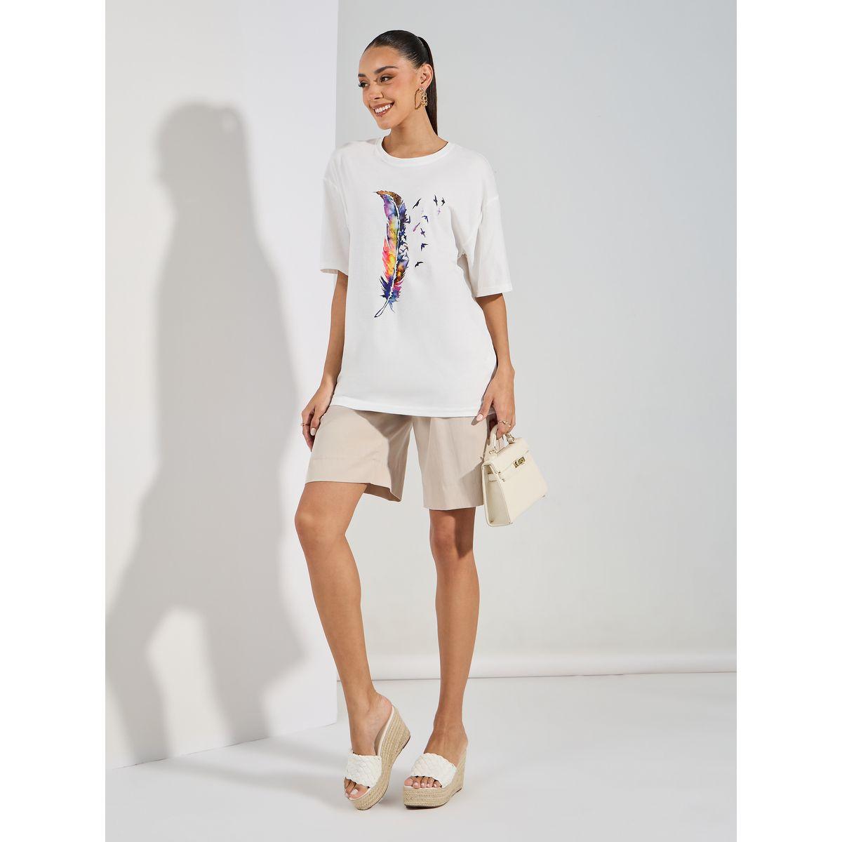 Styli Oversized Feather Graphic Print T-Shirt-women-clothing-tshirts-image-2