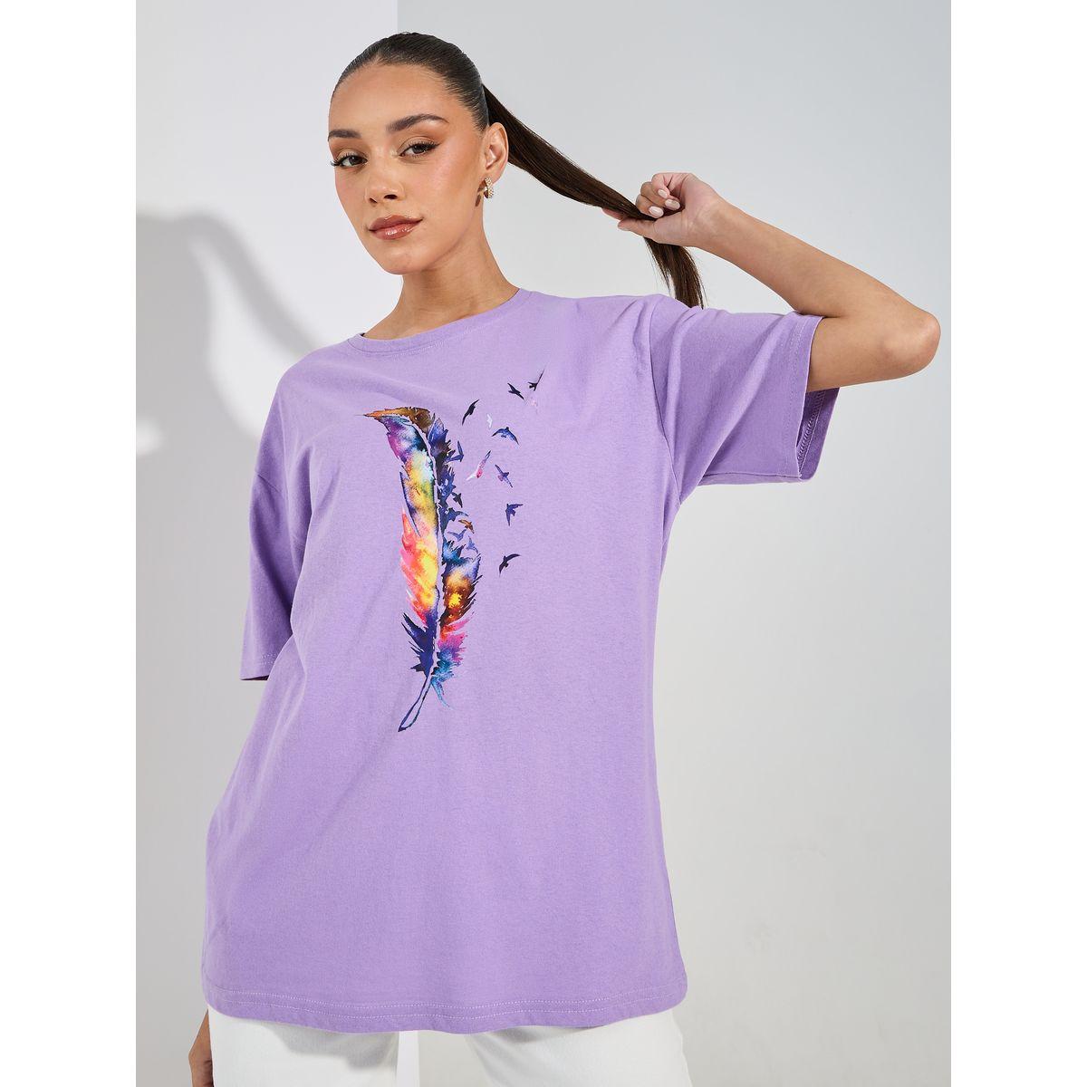 Styli Oversized Feather Graphic Print T-Shirt-women-clothing-tshirts-image-1