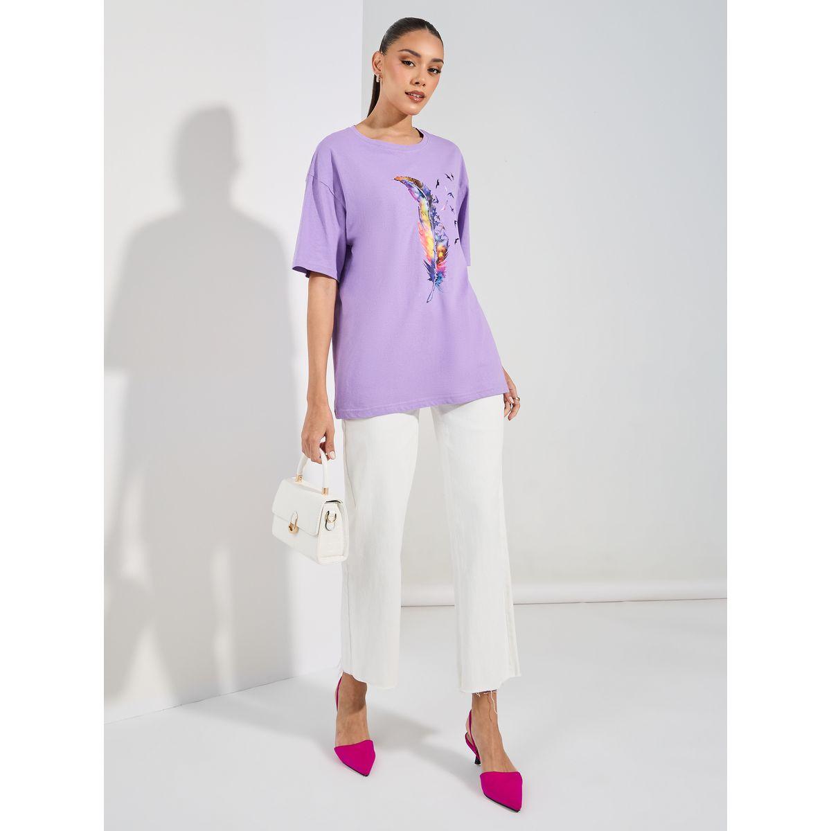 Styli Oversized Feather Graphic Print T-Shirt-women-clothing-tshirts-image-2
