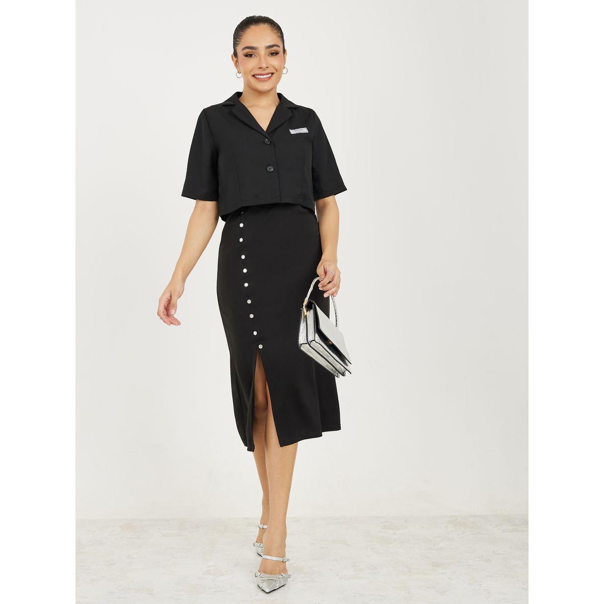 Styli Patch Detail Blazer & Cami Midi Dress with Side Slit Co-Ords-women-clothing-coordsets-image-1