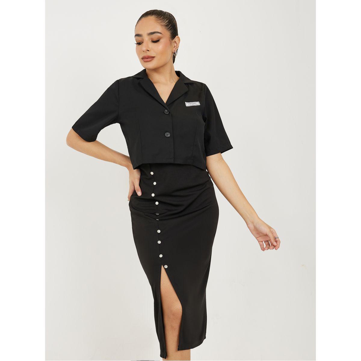 Styli Patch Detail Blazer & Cami Midi Dress with Side Slit Co-Ords-women-clothing-coordsets-image-2
