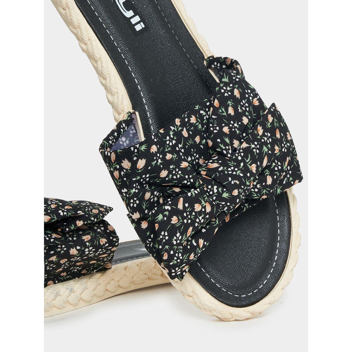 Styli Floral Print Bow Design Strap Flat Sandals-women-shoes-sandals-flats-image-4