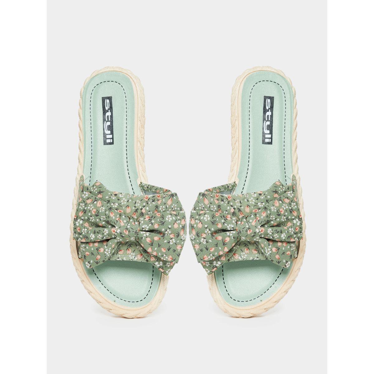 Styli Floral Print Bow Design Strap Flat Sandals-women-shoes-sandals-flats-image-5