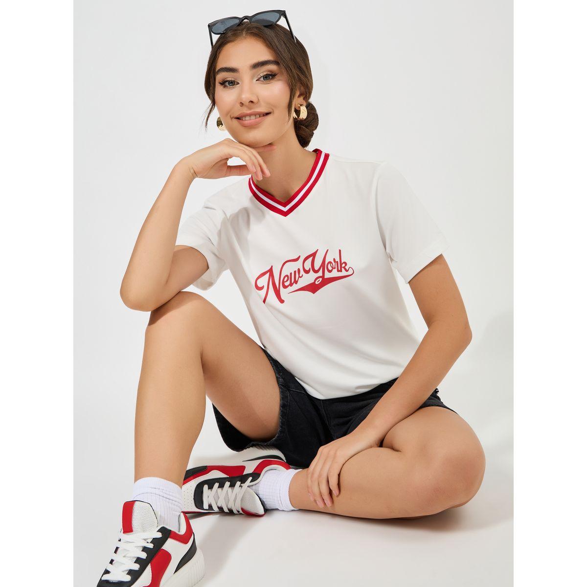 Styli Regular Fit New York Print T-Shirt with Striped Neckline-women-clothing-tshirts-image-2