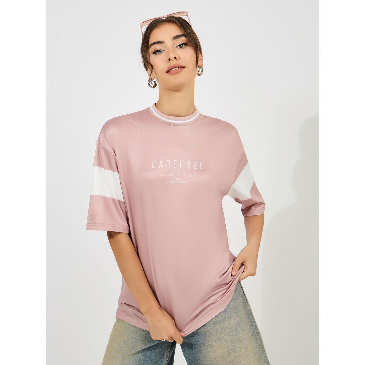 Styli Oversized Slogan Print T-Shirt with Contrast Sleeves-women-clothing-tshirts-image-1