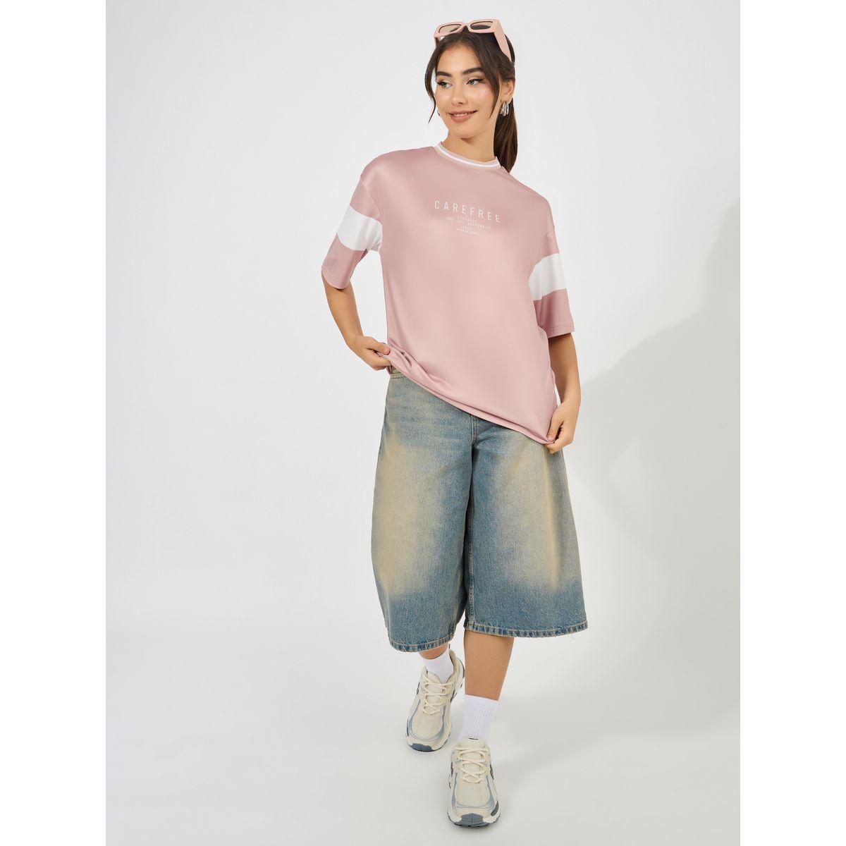 Styli Oversized Slogan Print T-Shirt with Contrast Sleeves-women-clothing-tshirts-image-2