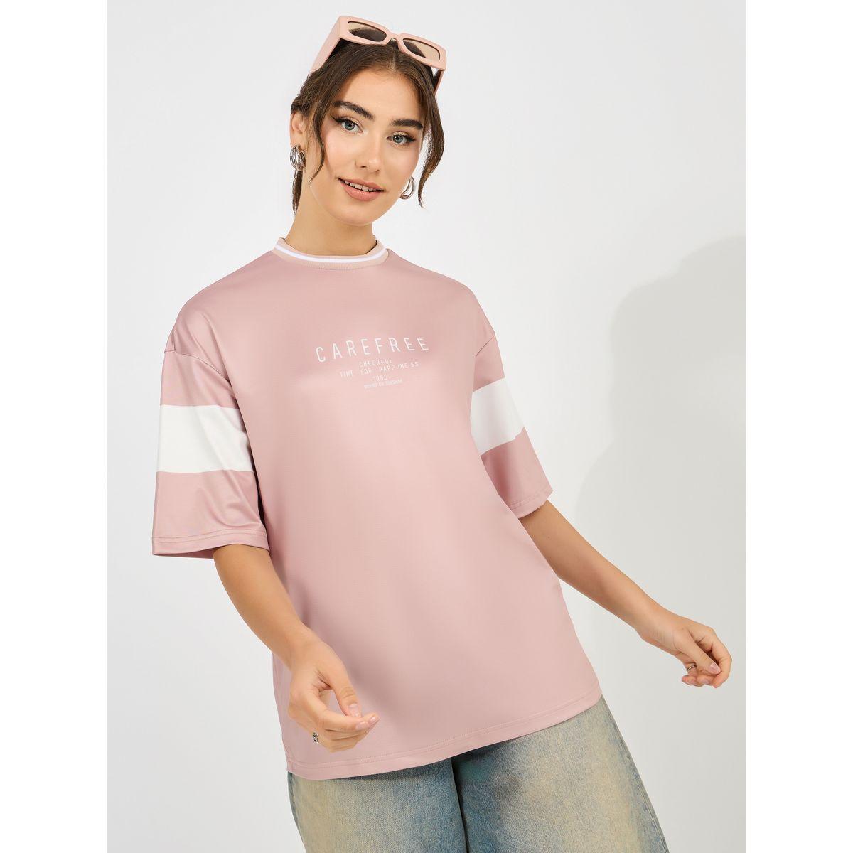 Styli Oversized Slogan Print T-Shirt with Contrast Sleeves-women-clothing-tshirts-image-3