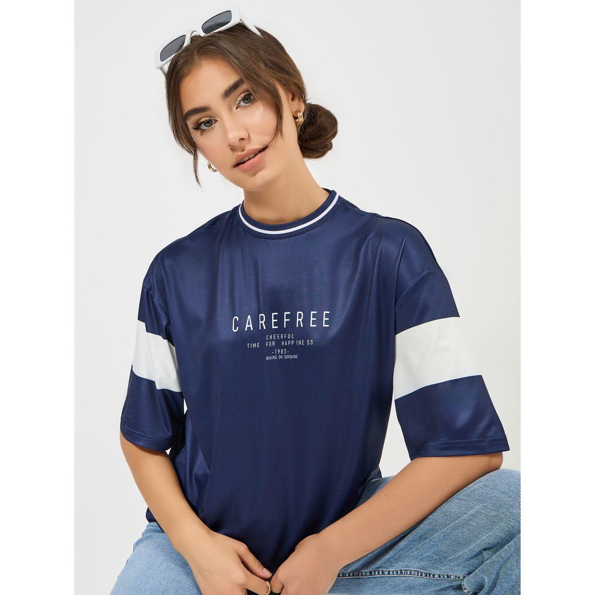 Styli Oversized Slogan Print T-Shirt with Contrast Sleeves-women-clothing-tshirts-image-2