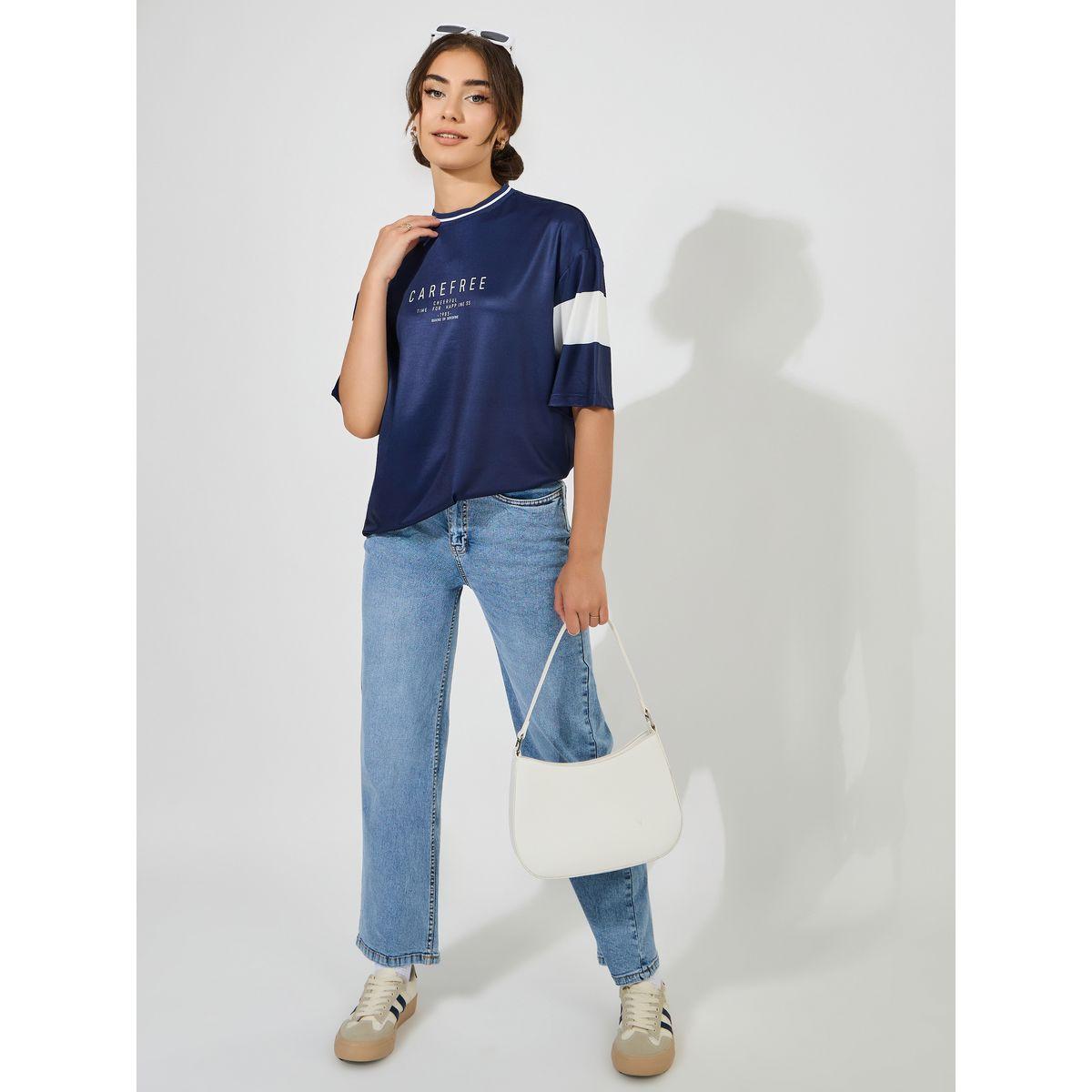 Styli Oversized Slogan Print T-Shirt with Contrast Sleeves-women-clothing-tshirts-image-3