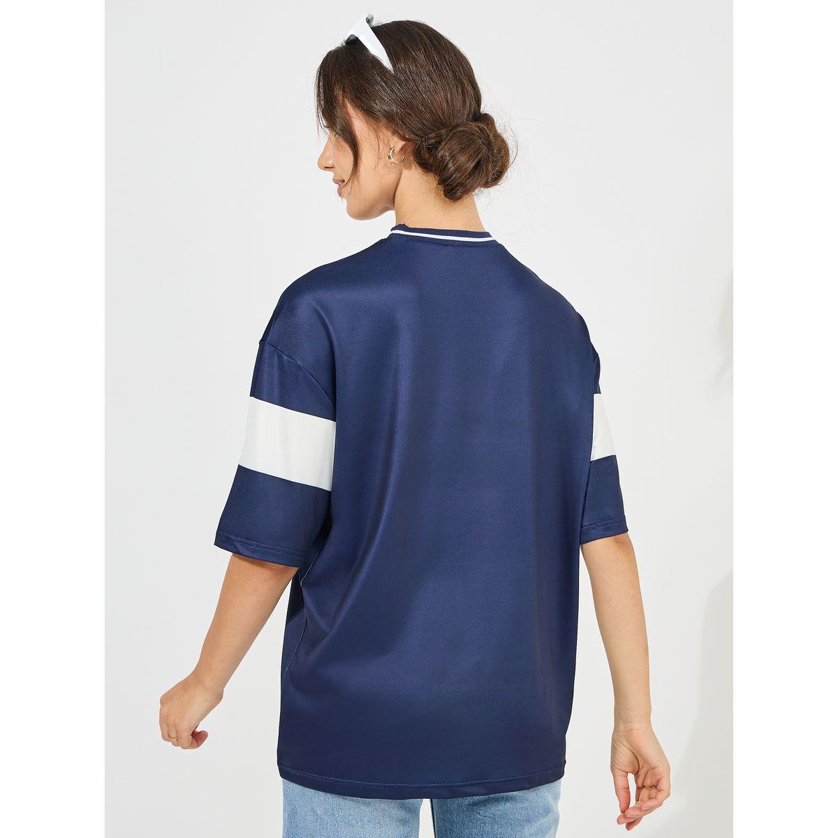 Styli Oversized Slogan Print T-Shirt with Contrast Sleeves-women-clothing-tshirts-image-5