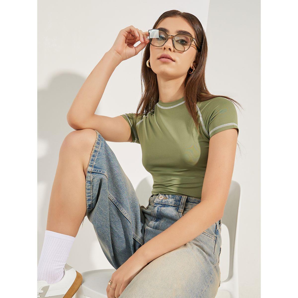 Styli Fitted High Neck Contrast Stitch T-Shirt-women-clothing-tshirts-image-1