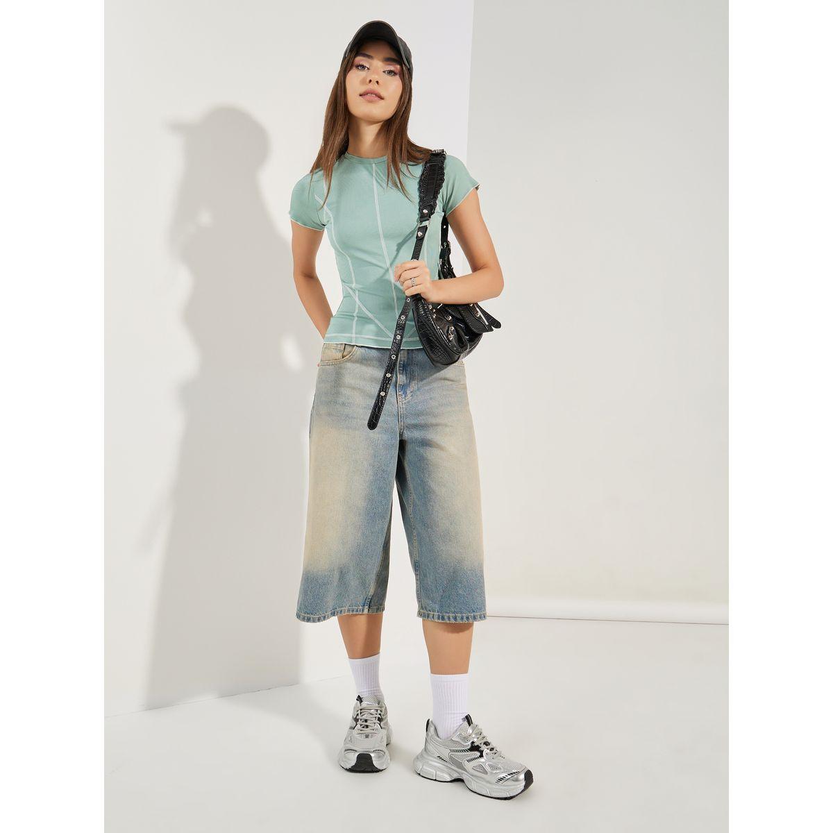 Styli Contrast Stitch Detail Ribbed T-Shirt-women-clothing-tshirts-image-2