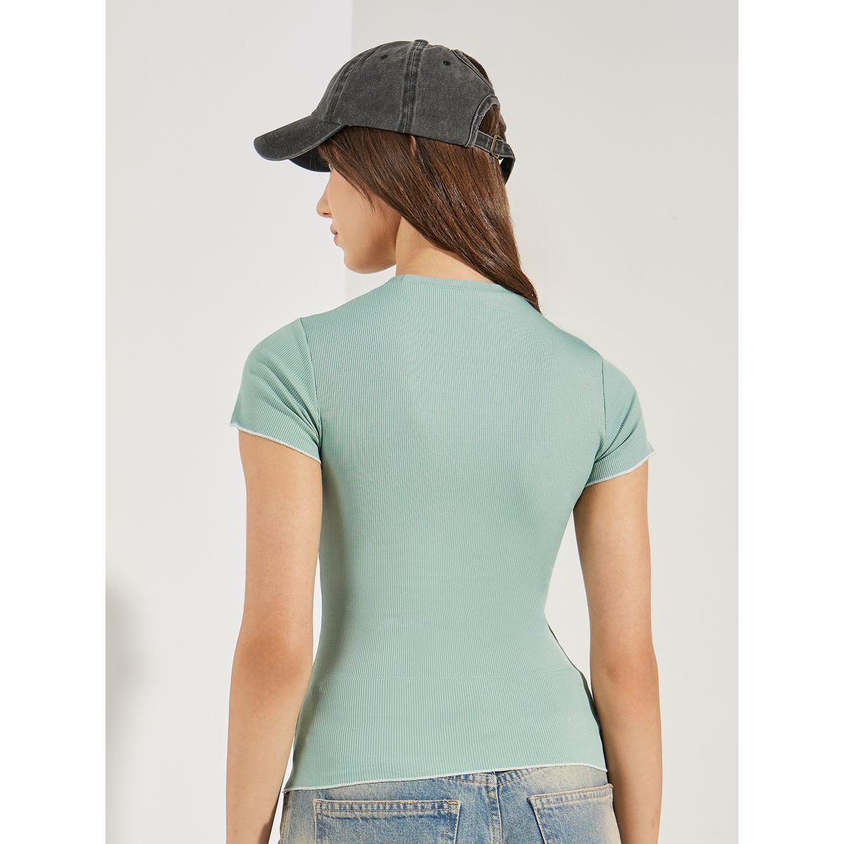 Styli Contrast Stitch Detail Ribbed T-Shirt-women-clothing-tshirts-image-4