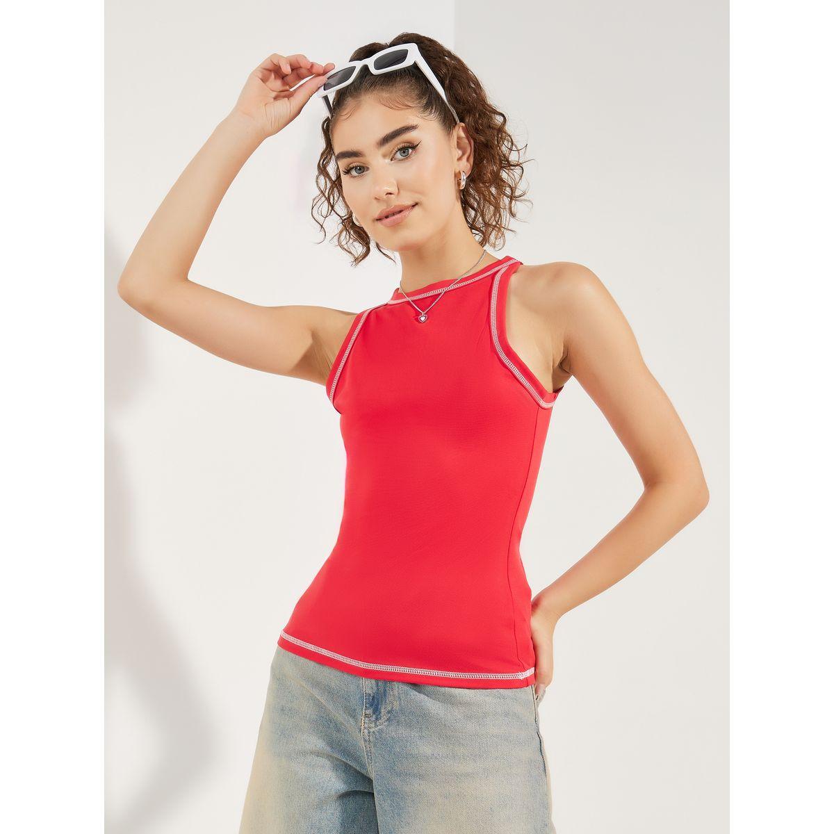 Styli Contrast Stitch Detail Racer Neck Tank-women-clothing-tshirts-image-2