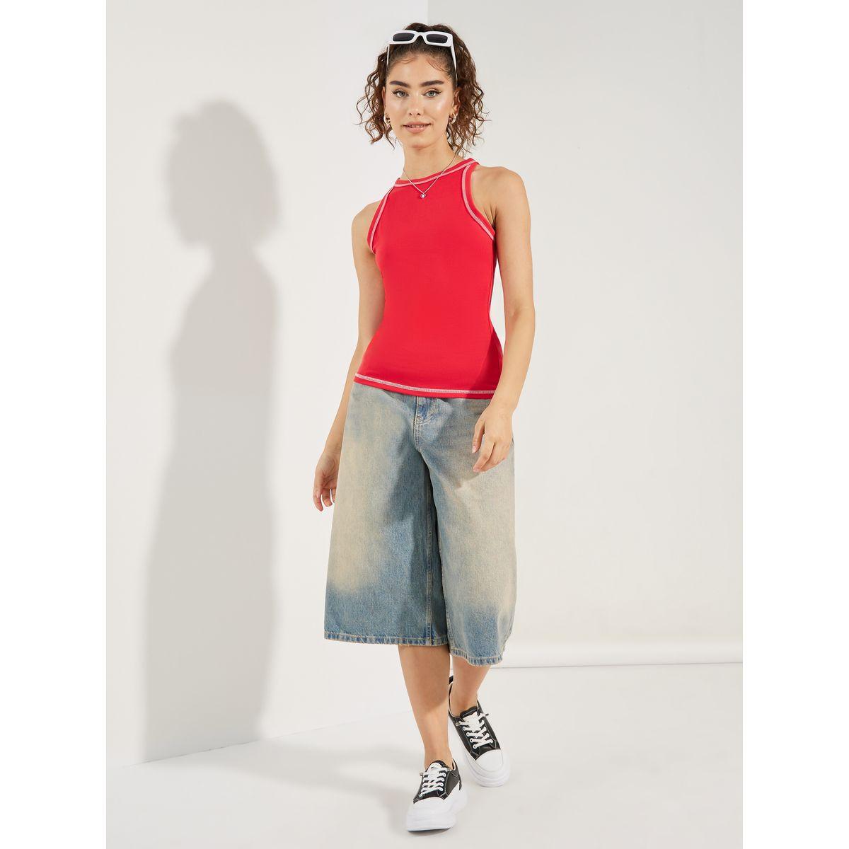 Styli Contrast Stitch Detail Racer Neck Tank-women-clothing-tshirts-image-3