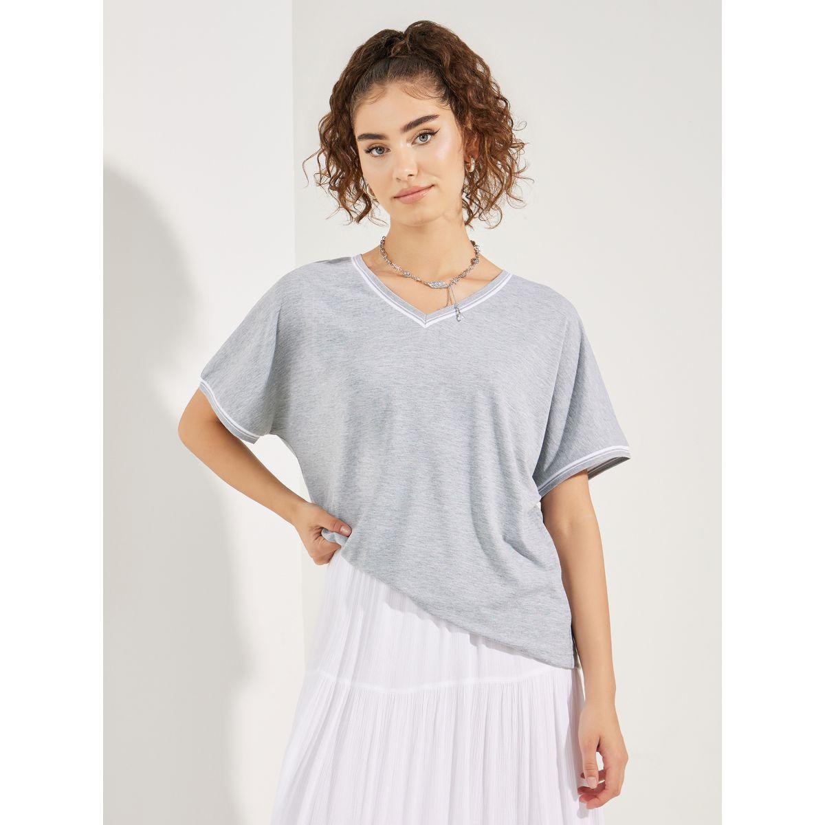 Styli Solid V Neck T-Shirt with Contrast Piping Detail-women-clothing-tshirts-image-1