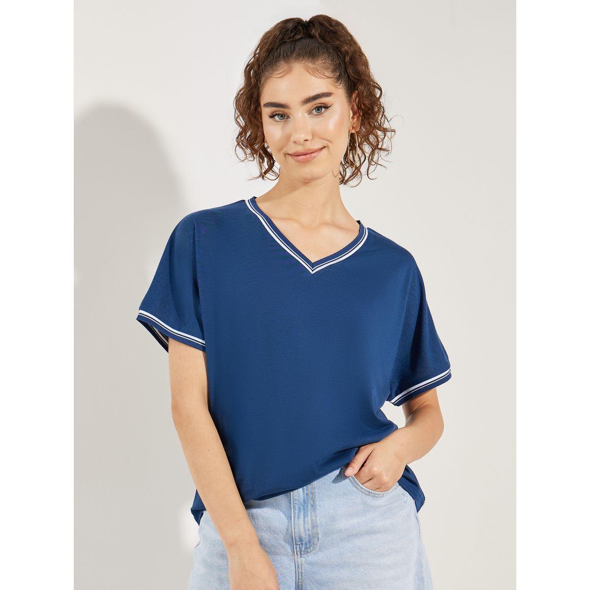 Styli Solid V Neck T-Shirt with Contrast Piping Detail-women-clothing-tshirts-image-1