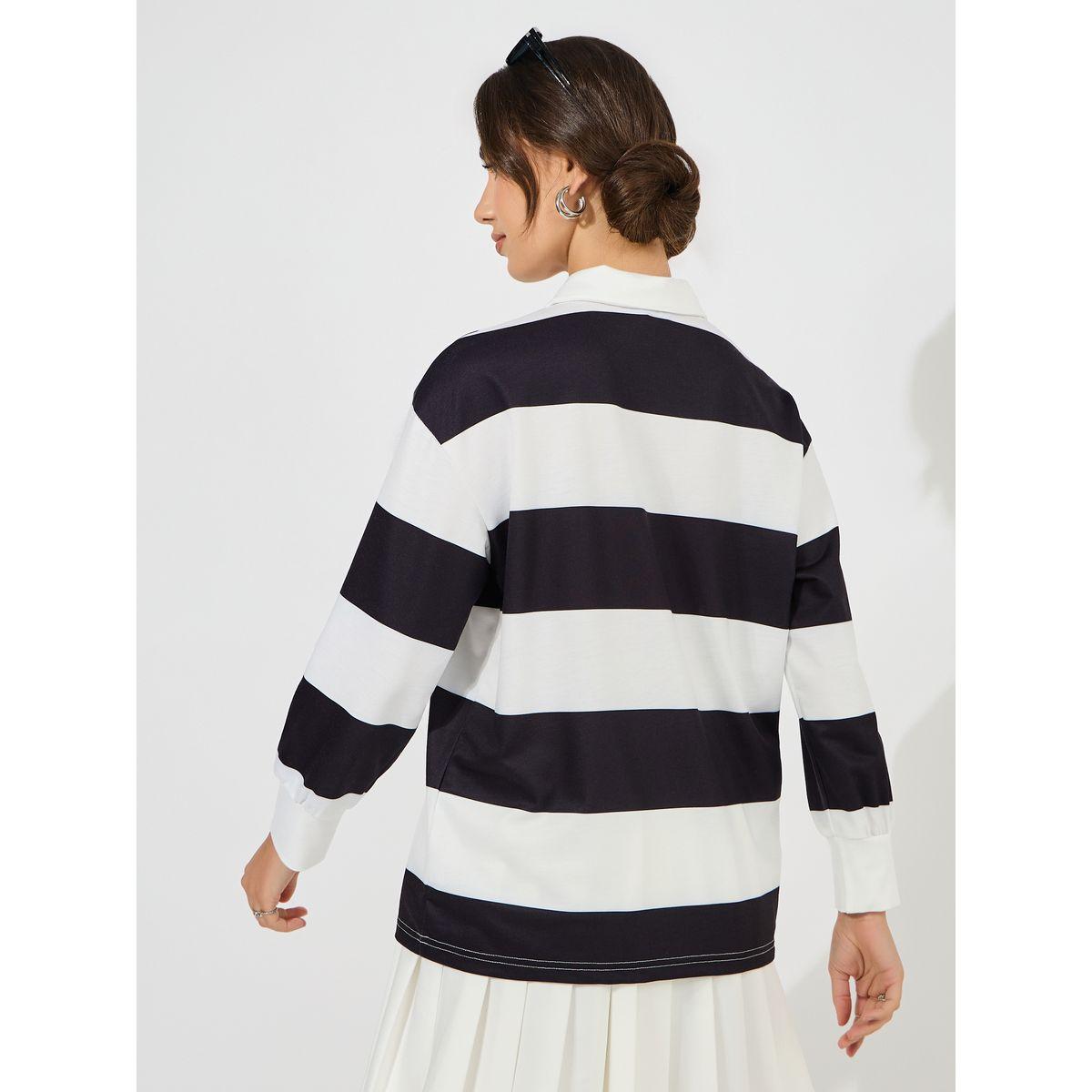 تيشيرت فضفاض بياقة بولو ونمط كتل الالوان-women-clothing-tshirts-image-6