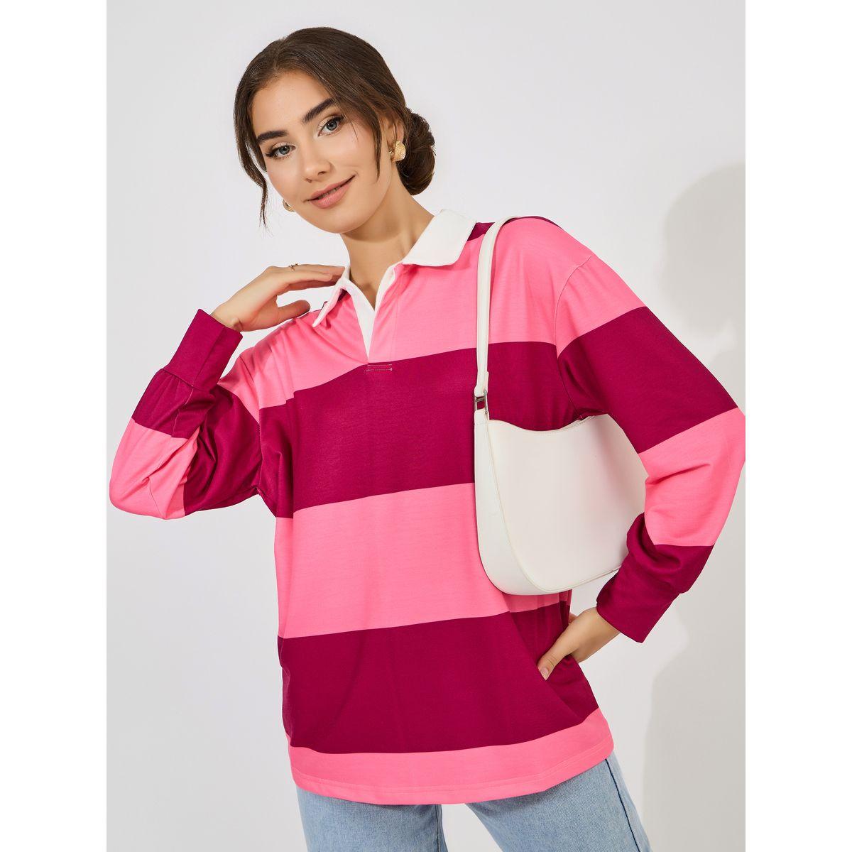 Styli Oversized Color Block Striped Polo T-Shirt-women-clothing-tshirts-image-1