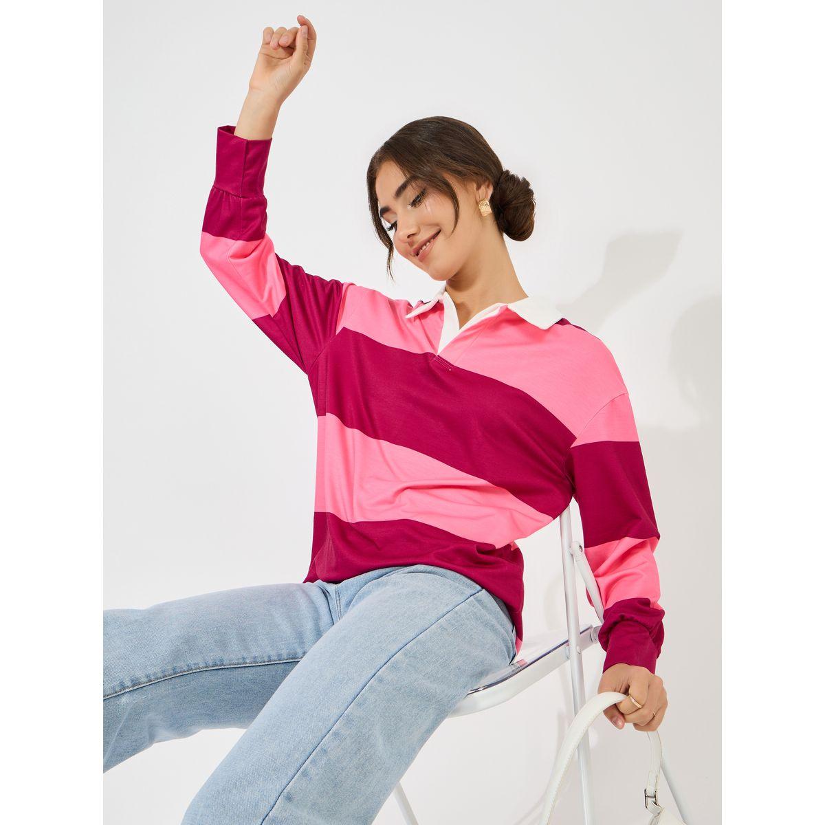 Styli Oversized Color Block Striped Polo T-Shirt-women-clothing-tshirts-image-2