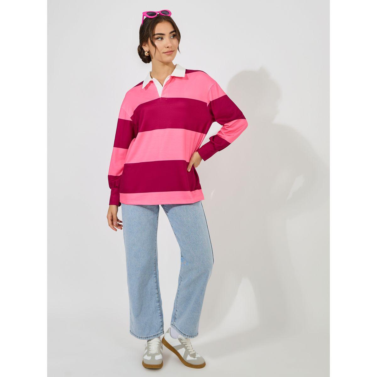 تيشيرت فضفاض بياقة بولو ونمط كتل الالوان-women-clothing-tshirts-image-3