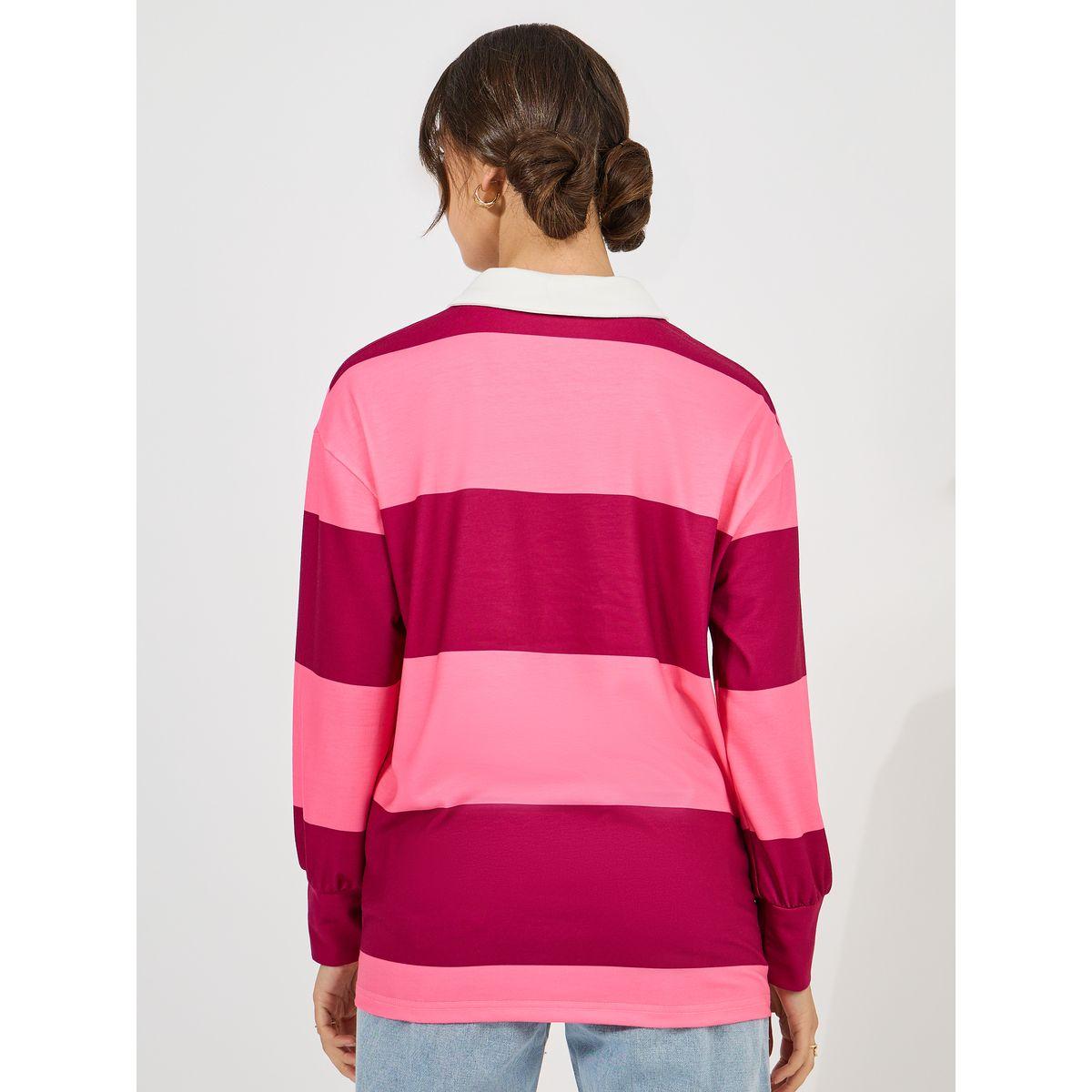 تيشيرت فضفاض بياقة بولو ونمط كتل الالوان-women-clothing-tshirts-image-5